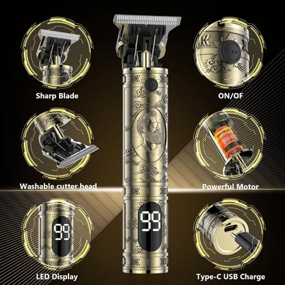 Maquina De Cortar Pelo Hombre, Maquina De Afeitar Hombre Eléctrica Con LED Cortapelos Recortar Barba Sin Cable Maquinilla De Afeitar Cortar Pelo Para El Hogar Y El Salón (Bronce)